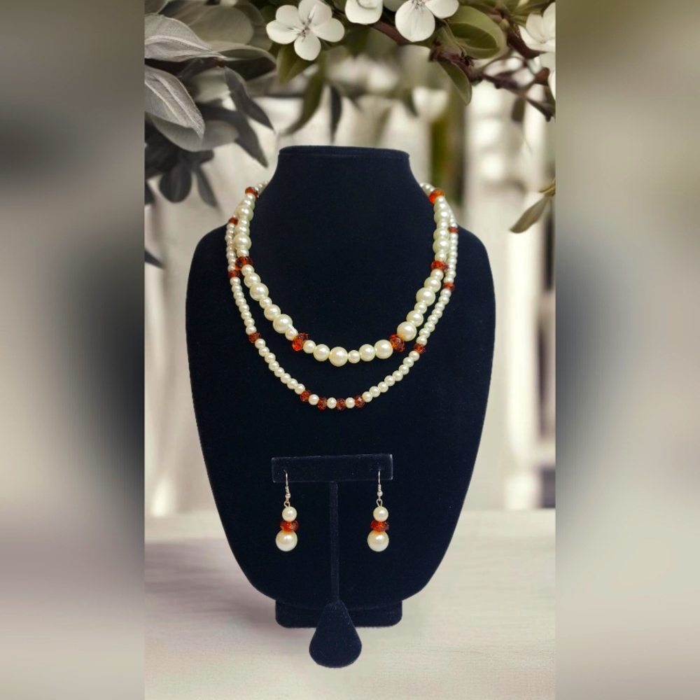 Graceful Allure White Pearl and Cocoa Crystal Necklace Earring Set
